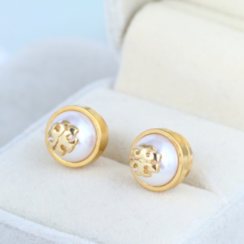 Tory Burch Gold Stud T Logo White Pearl Earrings - Picture 2 of 5